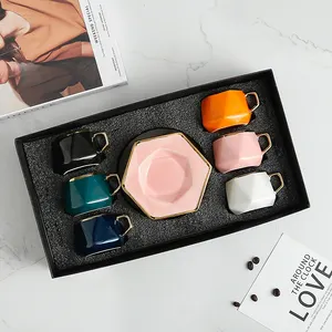 Arabisch türkisch luxuriöses Geschenkset Latte Cappuccino Tassen Goldrand Tee tasse und Untertasse moderne Keramik Tasse mit sechseckiger Untertasse