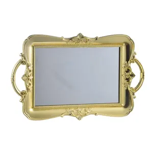 Best Sale Modern Perfume Dressing Table Home Decor Gold Plated Plastic Mirror Tray With Handle