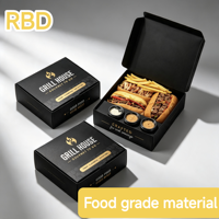 Boîte alimentaire à emporter personnalisée avec compartiments, contenant en carton jetable pour sandwich, frites et sauce.