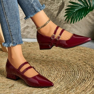 Scarpe Mary Jane da Donna con Punta Affusolata e Tacco Quadrato, <span class=keywords><strong>Bordeaux</strong></span> Lucido, Tacco Grosso, Stile Club con Fibbia, Tendenza Moda Evergreen Primavera - Product Image 5
