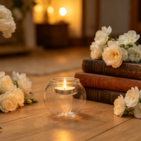 Precio de Fábrica, Portavelas de Cristal de Borosilicato de Alta Calidad, Pulido, Moderno, Minimalista, Circular, con Base de Madera, Decoración de Mesa