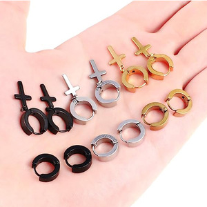 Stainless Steel Huggie Earrings With <b>Cross</b> Pendant For Men Black <b>Silver</b> Gold Color Fashion Jewelry 1 Set - Product Image 1