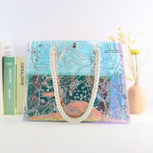 Sac fourre-tout de plage en PVC holographique irisé avec logo personnalisé, poignée en corde de coton épaisse et motif lettres - Product Image 3