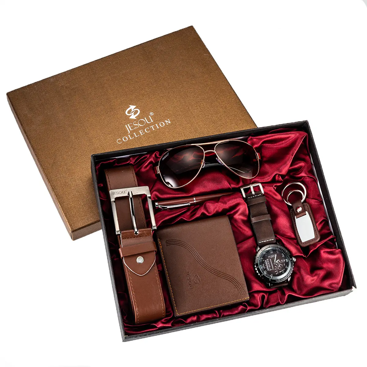 Bonne qualité 6 pièces ensemble montre ceinture lunettes de soleil porte-clés stylo hommes d'affaires court portefeuille affaires cadeau ensembles