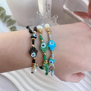 Handmade Braided Jewelry Crystal Beads Pearl Nazar Evil Religious Eye Palm Adjustable Bracelets Bangles For Women