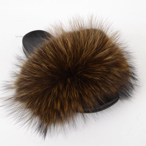 Chaussons d'été très populaires en vraie fourrure, pantoufles plates en fourrure de raton laveur pour femmes, chaussons d'intérieur moelleux en fourrure pour femmes - Product Image 3