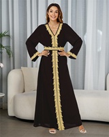 Kaftan Abaya musulman élégant en polyester avec bordure dorée multicolore, col en V, manches longues, robe maxi style Dubaï