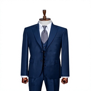 Costume d'affaires bleu marine pour homme, simple boutonnage, col à revers, coupe droite, infroissable, en tissu polyester peigné - Product Image 1