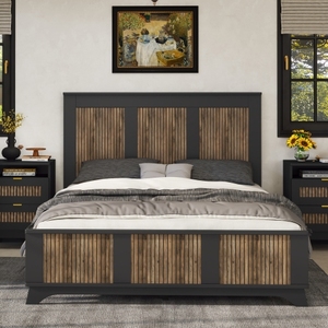 Wooden Platform <b>Queen</b> <b>Size</b> <b>Bed</b>, Modern Platform <b>Bed</b> with Wooden Strip Decoration, Plywood Slats Support - Product Image 2