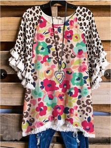 Venta al por mayor <span class=keywords><strong>2022</strong></span> nuevos diseñadores señoras volante borla manga Patchwork camisetas moda personalizada de talla grande blusa de leopardo para <span class=keywords><strong>mujer</strong></span> - Product Image 5