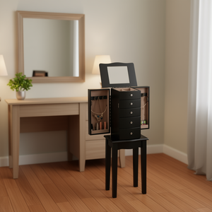 Armoire à bijoux avec miroir rabattable, 4 tiroirs, organisateur, en bois noir, pour l'organisation des bijoux - Product Image 2