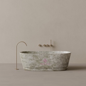 <span class=keywords><strong>Baignoire</strong></span> en pierre ovale blanche Calacatta fabriquée à la main avec détail linéaire sculpté pour salles de bain contemporaines et d'inspiration spa - Product Image 6