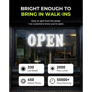 Enseigne LED ouverte 31x11 pouces, texte statique blanc, alimentation par prise, pour vitrine de magasin ou affichage en vitrine - Product Image 3