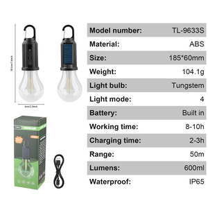 Lámpara de Camping LED Solar Portátil ABS IP65 Resistente al Agua, Lámpara de Jardín Solar, Bombilla de Tungsteno Retro - Product Image 2