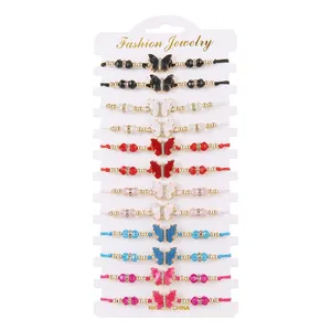 ZQ-80 Handmade String Alloy Adjustable Metal Crystal Beads Women Hand Jewelry Butterfly 12pcs/set Beaded Charm Bracelet Kit