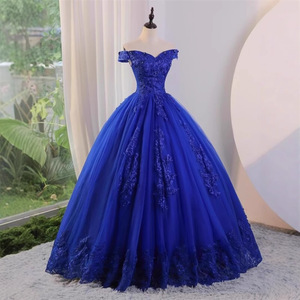 Blue Off-Shoulder Ball Gown Empire Waist Chiffon Floral Print Evening Dress for Women - Product Image 3