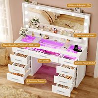 Grand miroir de coiffeuse moderne en bois avec éclairage LED 3 couleurs, plateau en verre transparent, 9 tiroirs, étagère ouverte et prise de courant pour chambre à coucher (pour femmes)