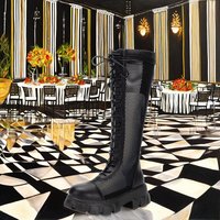 Bottes hautes en cuir PU pour femme, à lacets, plateforme, talons épais, semelle compensée, rehaussantes, lumineuses, pour l'automne