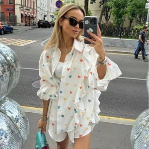 2025 mùa hè mới đến thời trang xù tình yêu cotton và vải lanh nhà quần áo hai mảnh - Product Image 3