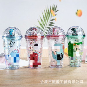Dinosaur <b>Straw</b> <b>Cup</b> Cartoon Double Layer With Glitter <b>Lid</b> Summer Drink <b>Cup</b> For Kids Party Gift - Product Image 1