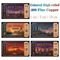 Barre de cuivre pur 999 de 5 oz, colorée, en relief 3D, série Avancée Tendance Villes Américaines, édition limitée, objet de collection artistique