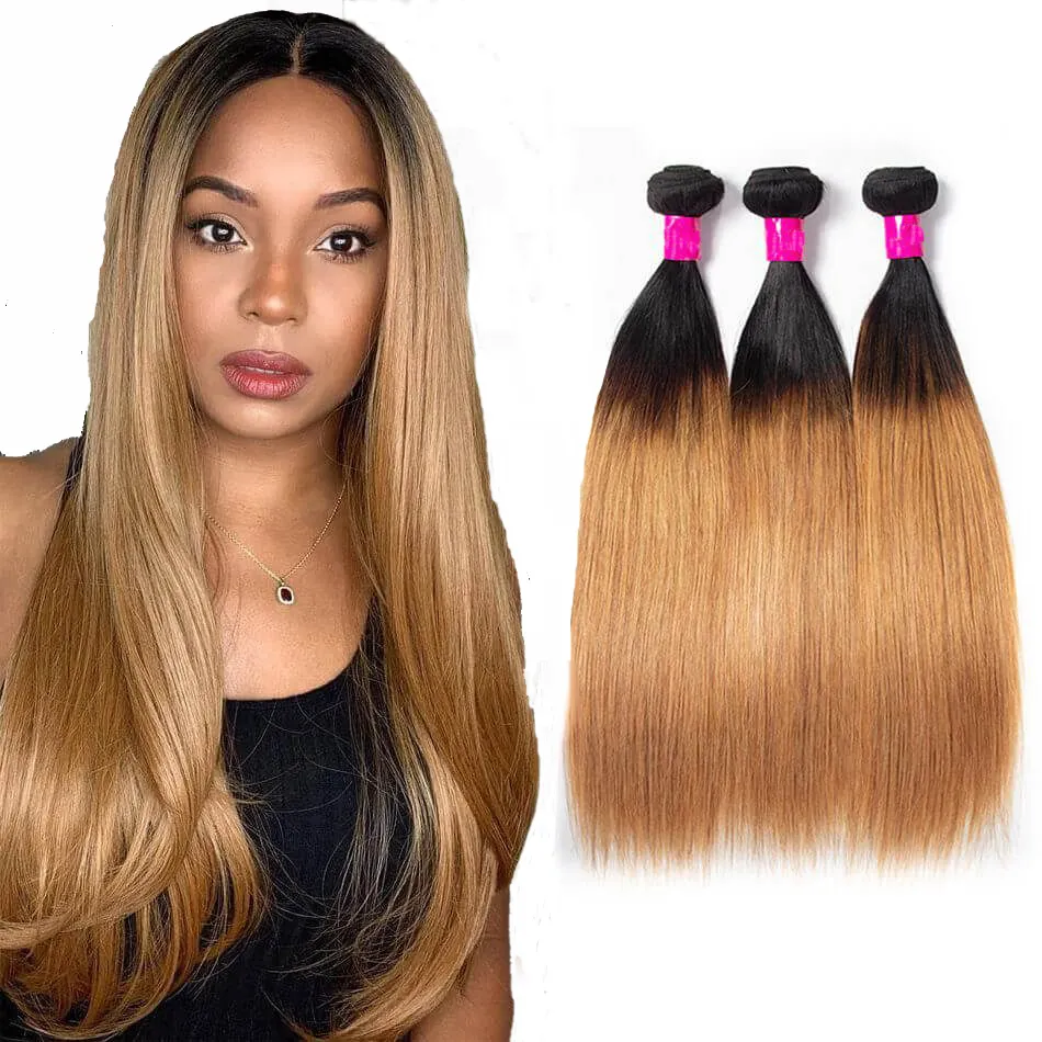 Ombre 1b27 Color Straight Raw Indian Human Hair Bundles Cuticle Aligned Virgin Human Hair Extension For Black And White Women