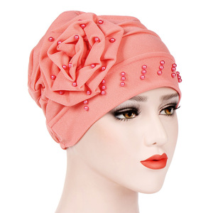 Turban musulman tendance à fleurs et perles, couleur unie, pour femme indienne, bonnets hijab prêts à porter, sous-hijabs - Product Image 5