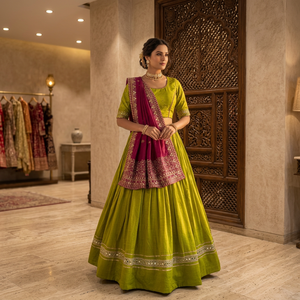 Lehenga Choli Tradicional Verde Lima para Mujer con Conjunto de Dupatta Magenta Profusamente Bordado para Bodas y Festivales Indios - Product Image 3