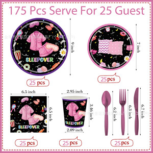 Girl's Pajamas <b>Disposable</b> Tableware Set Party Supplies Paper <b>Plates</b> Cups Napkins Sleepover Theme - Product Image 2