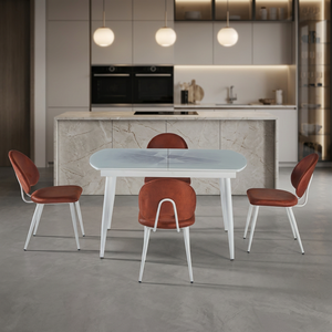 Ensemble de table à manger extensible moderne en verre avec 4 chaises en velours orange rouille et pieds en métal blanc, mobilier de cuisine de luxe pour la maison et les cafés - Product Image 1