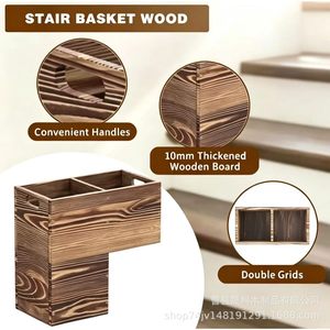 Cesta de almacenamiento rectangular de madera para escaleras, 3 niveles, con asa, para almacenamiento en la sala de estar, multiusos - Product Image 2