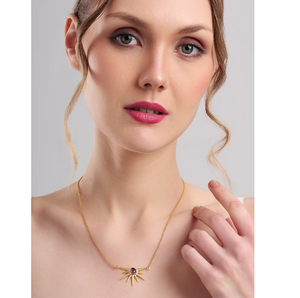 Collier pendentif soleil en améthyste, cabochon violet, chaîne dorée, bijoux modernes, minimalistes et élégants pour femmes - Product Image 2