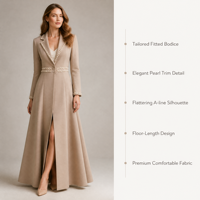 Robe Blazer Longue Élégante pour Femme, Col Cranté, Bordure Perles, Robe Manteau Midi Formelle de Bureau, Robes de Costume pour Soirées d'Affaires