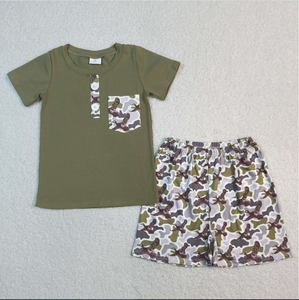 Sibling Baby Boys Green Camo Ducks Pocket Button Top Short Hunting <b>Clothes</b> Set Rompers - Product Image 2