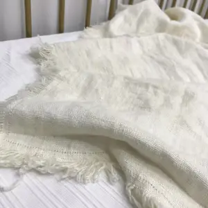 Selimut Linen 100% kualitas tinggi sederhana selimut Linen putih dengan rumbai