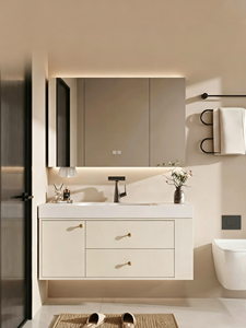 Meuble-lavabo de salle de bain personnalisé, étanche, style crème, avec vasque intégrée en pierre frittée thermoformée, lavabo de salle de bain - Product Image 5