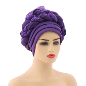 Gorro de nailon HT-212 para mujer, Hijab musulmán árabe con lentejuelas doradas trenzadas, turbante tradicional indio, <span class=keywords><strong>2013</strong></span> - Product Image 6