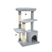 Griffoir multi-niveaux pour chat avec jouet rembourré en peluche côtelée épaisse et sisal, type condo pour chat