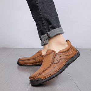Chaussures en cuir pleine fleur pour hommes, à enfiler, confortables pour la marche, cousues à la main, semelle intérieure souple, pour usage quotidien urbain et décontracté - Product Image 1