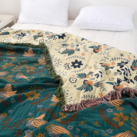 Couverture de canapé portable en gaze de coton jacquard tissée teinte en fil, style japonais, écologique, avec pompons, toutes saisons
