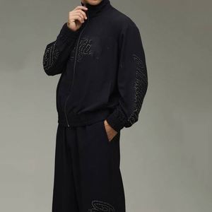 Black Rhinestone Hooded Collar Printed Winter Jacket Wide Leg <b>Pants</b> Custom Men Two-Piece Sweatsuit - Product Image 3