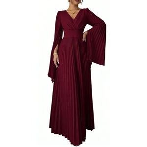 เดรสยาวทรงพลีทสำหรับผู้หญิง คอวี แขนยาว เอวสูง ทรงพลิ้วไหว ชุดราตรีออกงาน แฟชั่น - Product Image 6