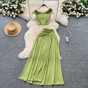 Conjunto de Verano para Mujer, Estilo Y2K, Tejido Sólido, Top Corto sin Mangas y Pantalones de Cintura Alta, Venta al Por Mayor - Product Image 1