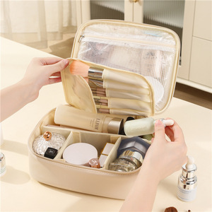 <b>Cosmetic</b> Storage Bag Large Capacity Waterproof Wear Resistant Makeup <b>Organizer</b> Travel Portable Beige Solid Color - Product Image 1