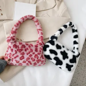 INS Fashion Women Cow Print Mini Shoulder Bags Female Winter Plush Underarm Bags Leopard Zebra Pattern Fluffy Tote Bags