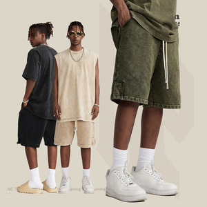 Pantalones Cortos Deportivos Transpirables Vintage para Hombre, Lavado Ácido Personalizado, 100% Algodón, Dobladillo sin Rematar, Pantalones Cortos de Felpa Francesa - Product Image 4