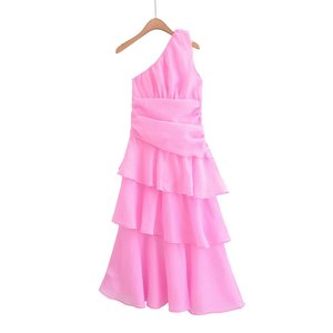 SHENZHU 2025 Autunno Nuova Moda Elegante Abito Lungo Rosa in Tessuto Narcissus con Spalla Obliqua 4933 - Product Image 2