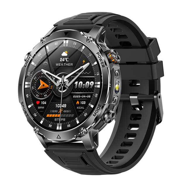 Direct Factory AK106 1400mAh Ultra Long Battery IPX8 BT Call AI Rugged Sports Flashlight Black Silicone Strap Smartwatch Compass