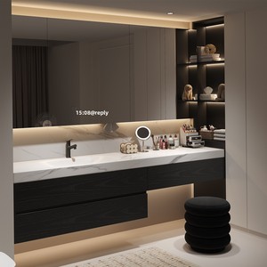 Mueble de Baño Combinado con Tocador, Gabinete Integrado, Espejo LED Inteligente, Lavabo de Cerámica Impermeable <span class=keywords><strong>IPX4</strong></span>, Sala de Maquillaje - Product Image 4