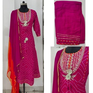 Red Rayon Anarkali Kurta Pant Dupatta Set Ethnic Printed Suit Set <b>Gota</b> Lace Work Three Quarter Sleeves Festive Wear - Product Image 2